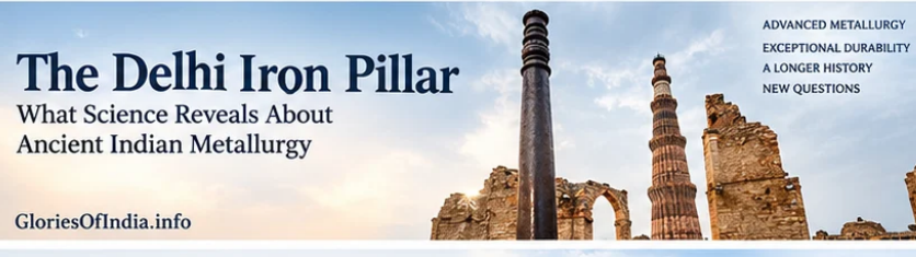 Delhi Iron Pillar at the Qutub complex illustrating ancient Indian metallurgy and corrosion resistance