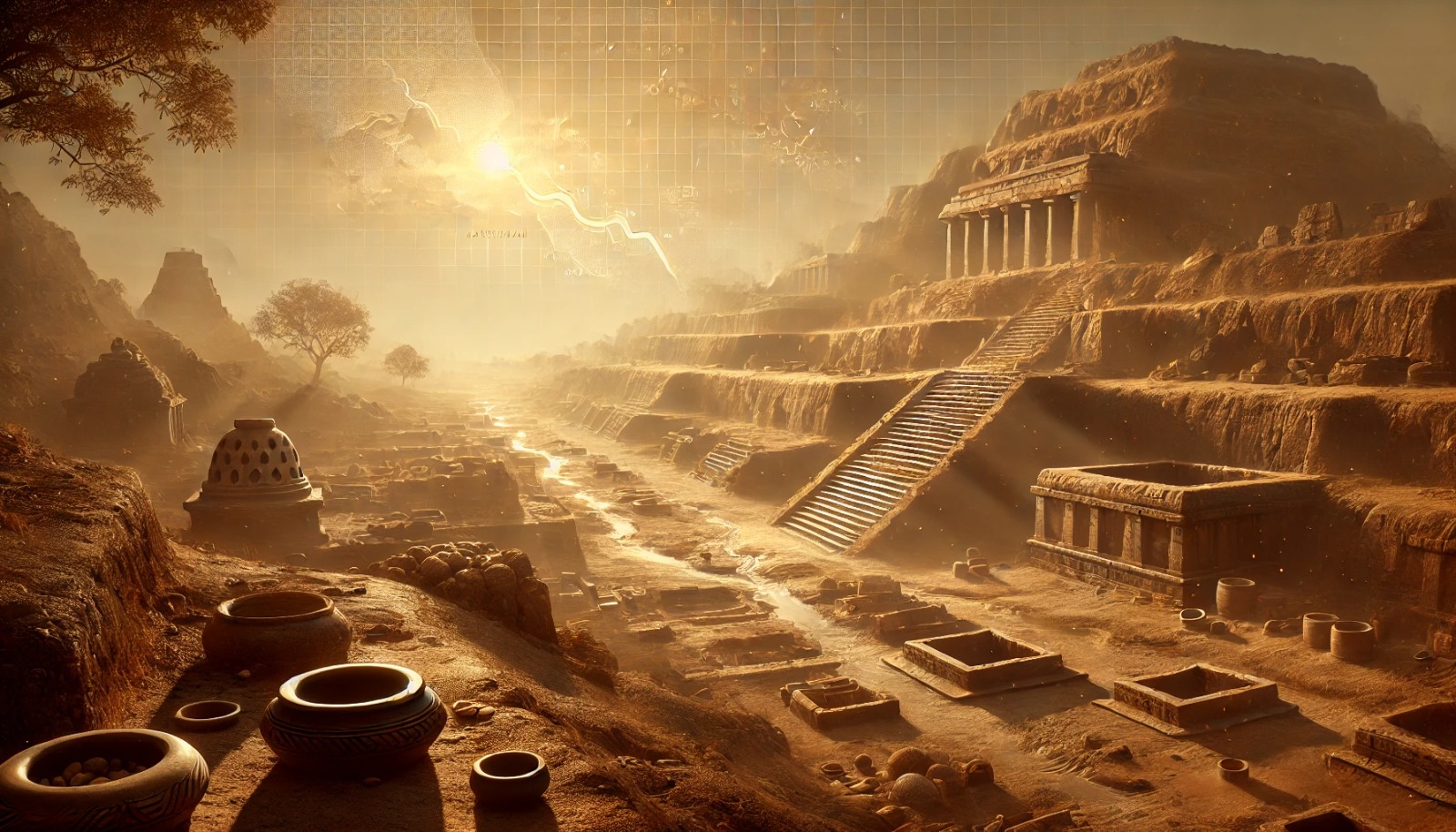 Illustrative view of an ancient archaeological settlement