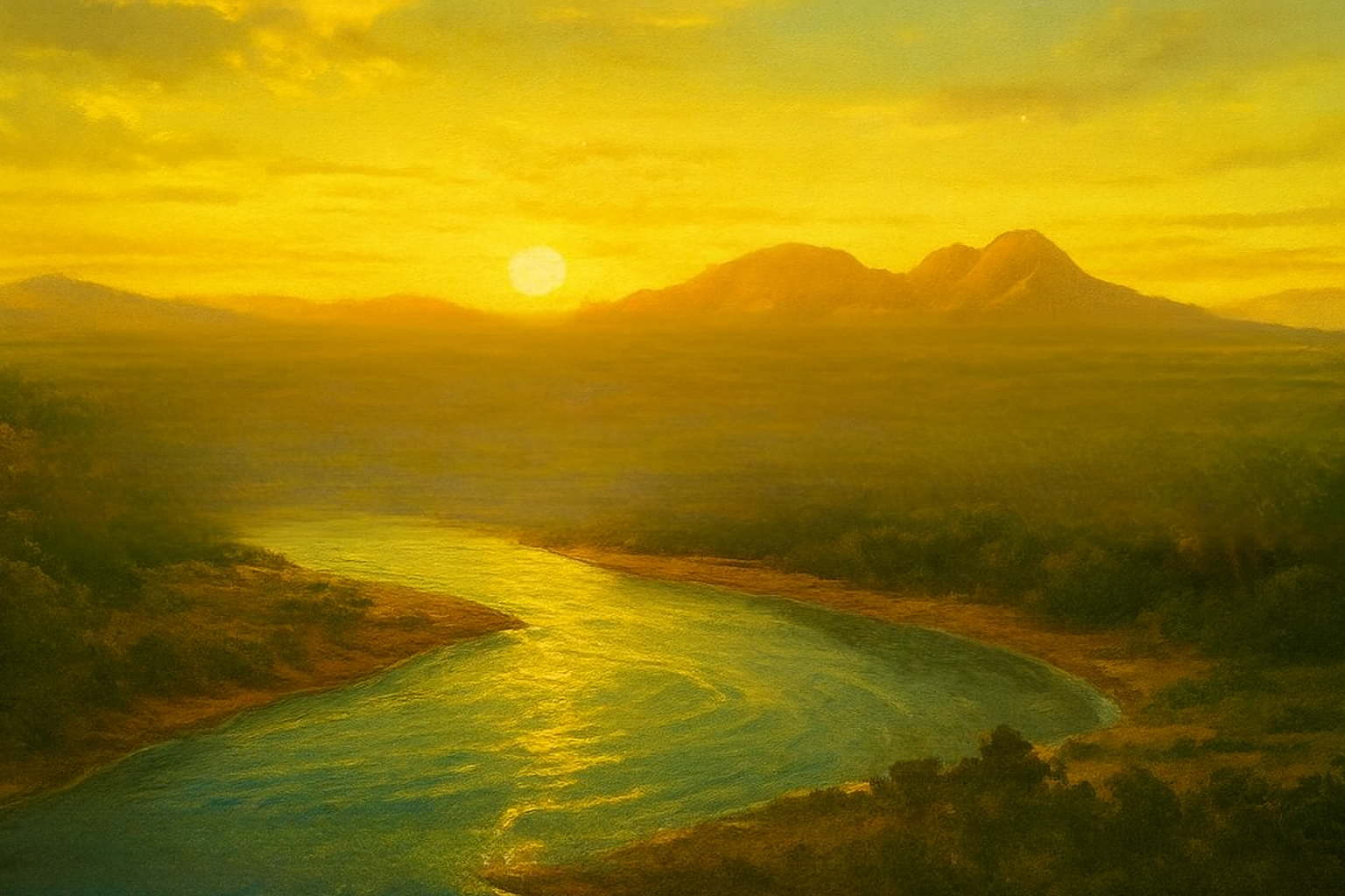 Illustrative landscape of a river in an ancient setting